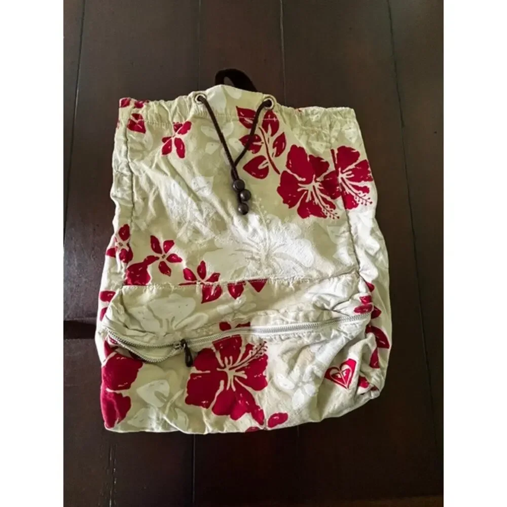 Roxy Floral Drawstring Backpack Beige Red Hibiscus Surf Beach Y2K Book Bag